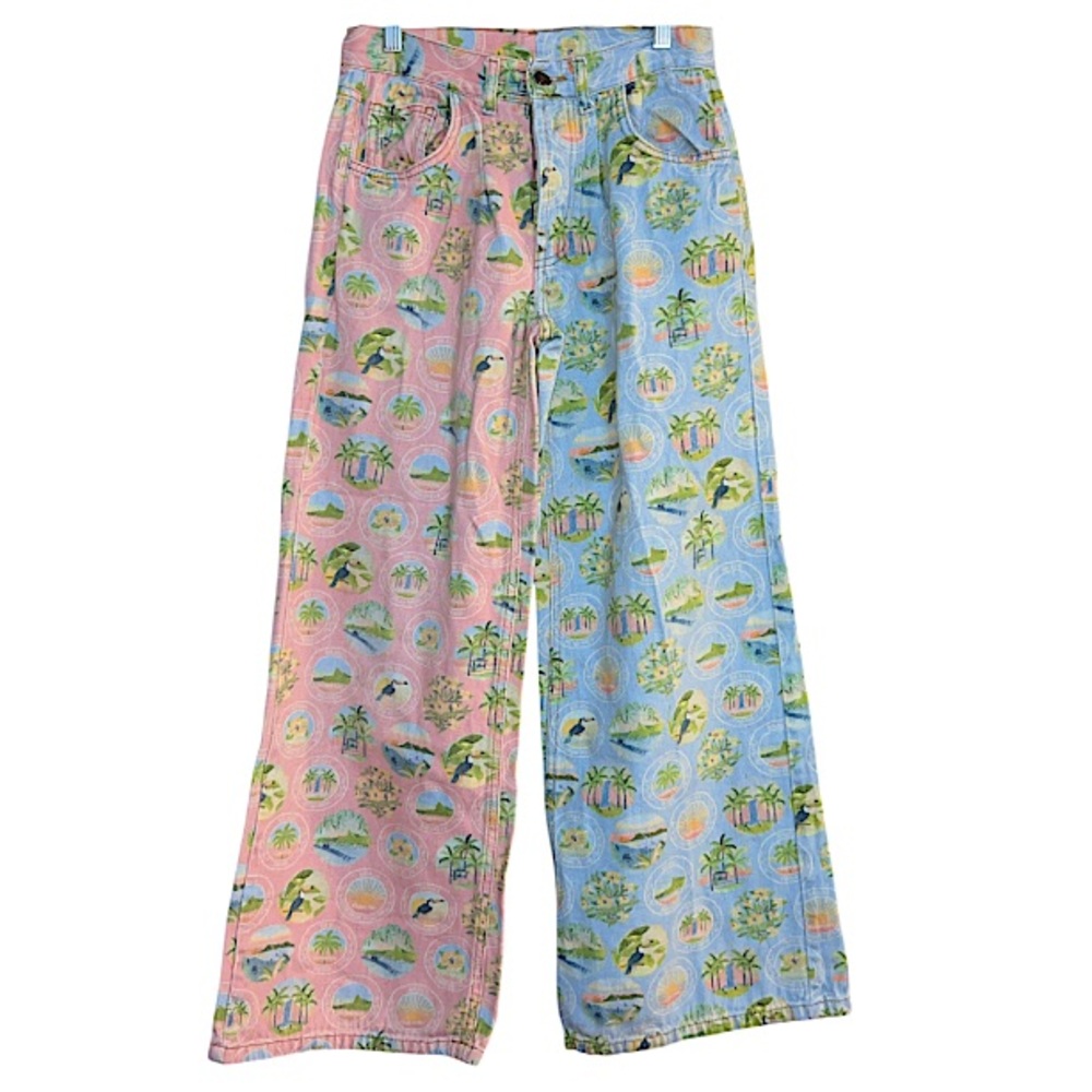 Rare Farm Rio Fun Two Tone Leg Jeans Toucan pink and blue pants size XS Wide Leg